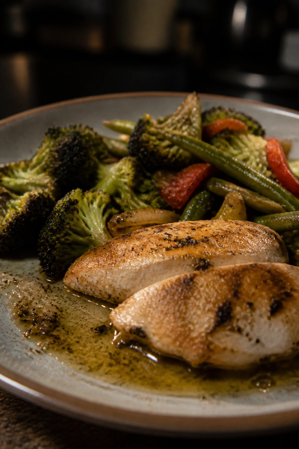 Plate highlighting common dinner mistakes: oily vegetables and overcooked proteins.