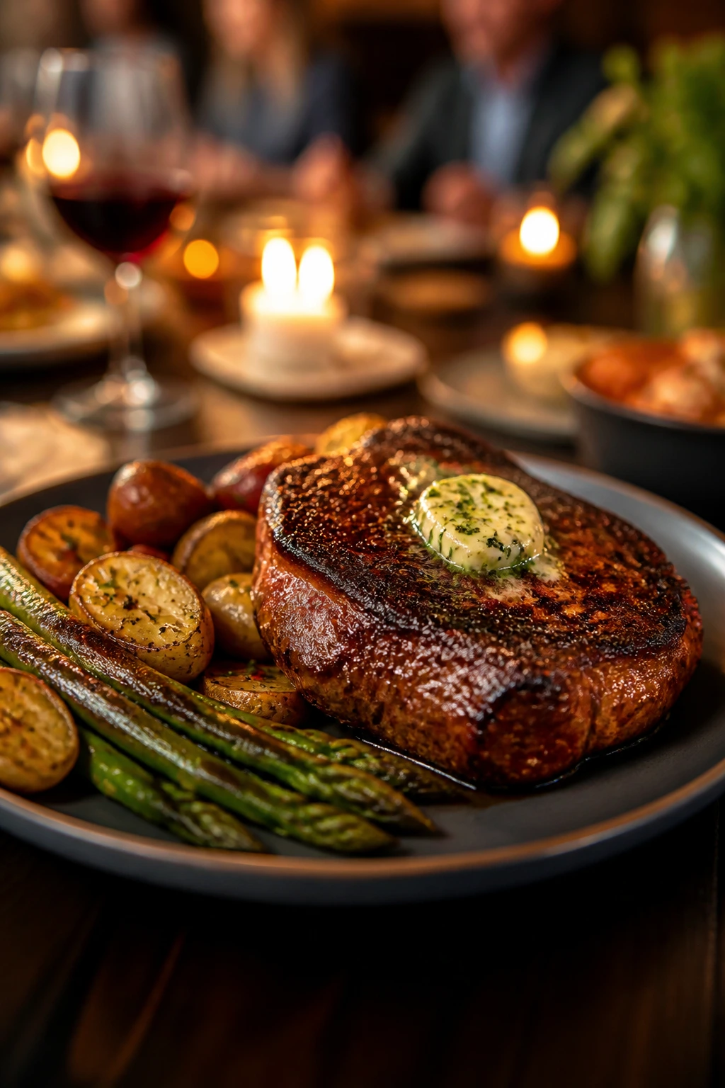 Plate of dinner on a table with warm candlelight