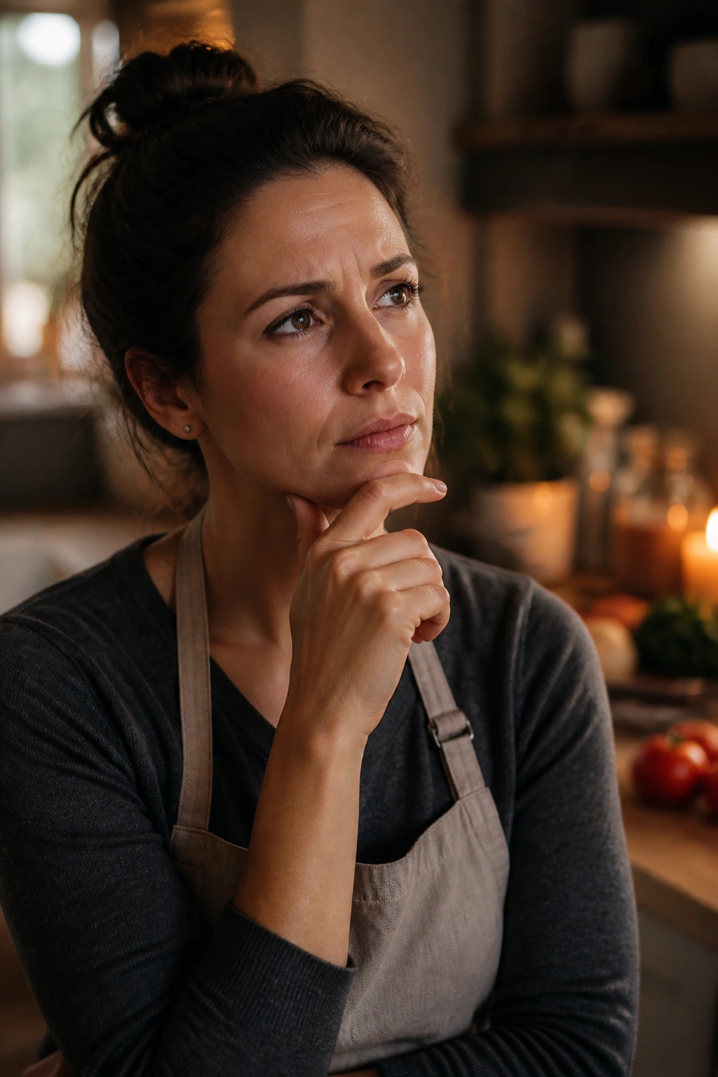 Close-up portrait of a thoughtful person in a warm kitchen contemplating dinner