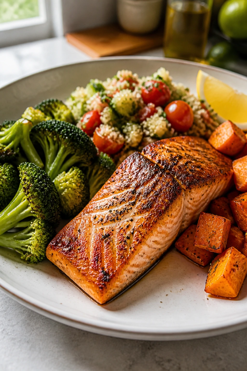 Well-plated dinner on bright kitchen table