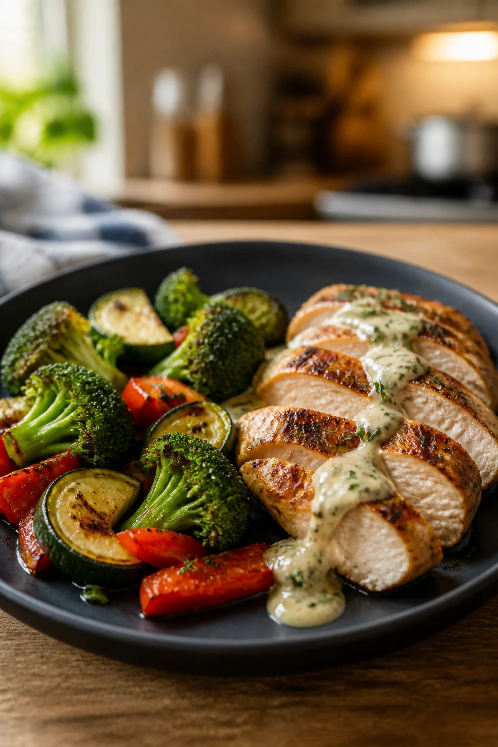 Close-up of a neatly plated low-carb dinner on a dark plate in a warm kitchen