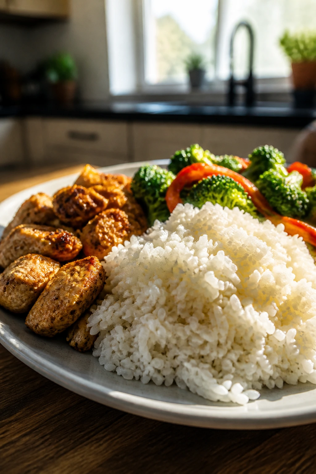 Close-up of a large dinner plate with a rice-based starch in a home kitchen