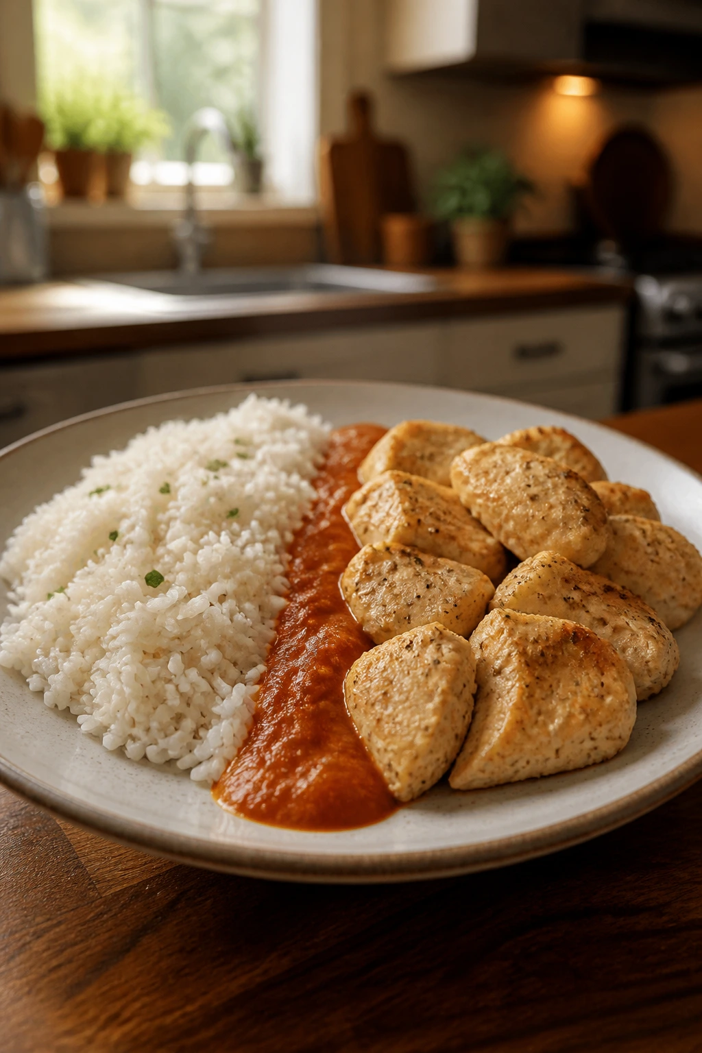 Close-up of a separated dinner plate with rice and chicken in a cozy kitchen