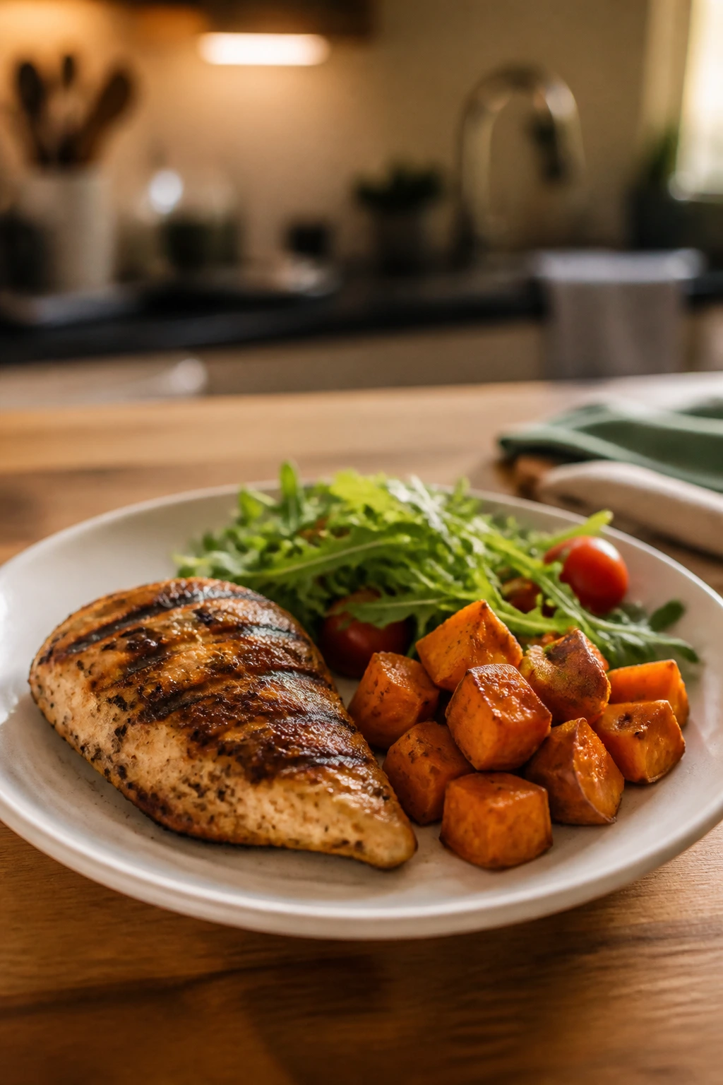 Calm weeknight dinner plate in a cozy kitchen illustrating a manageable rhythm
