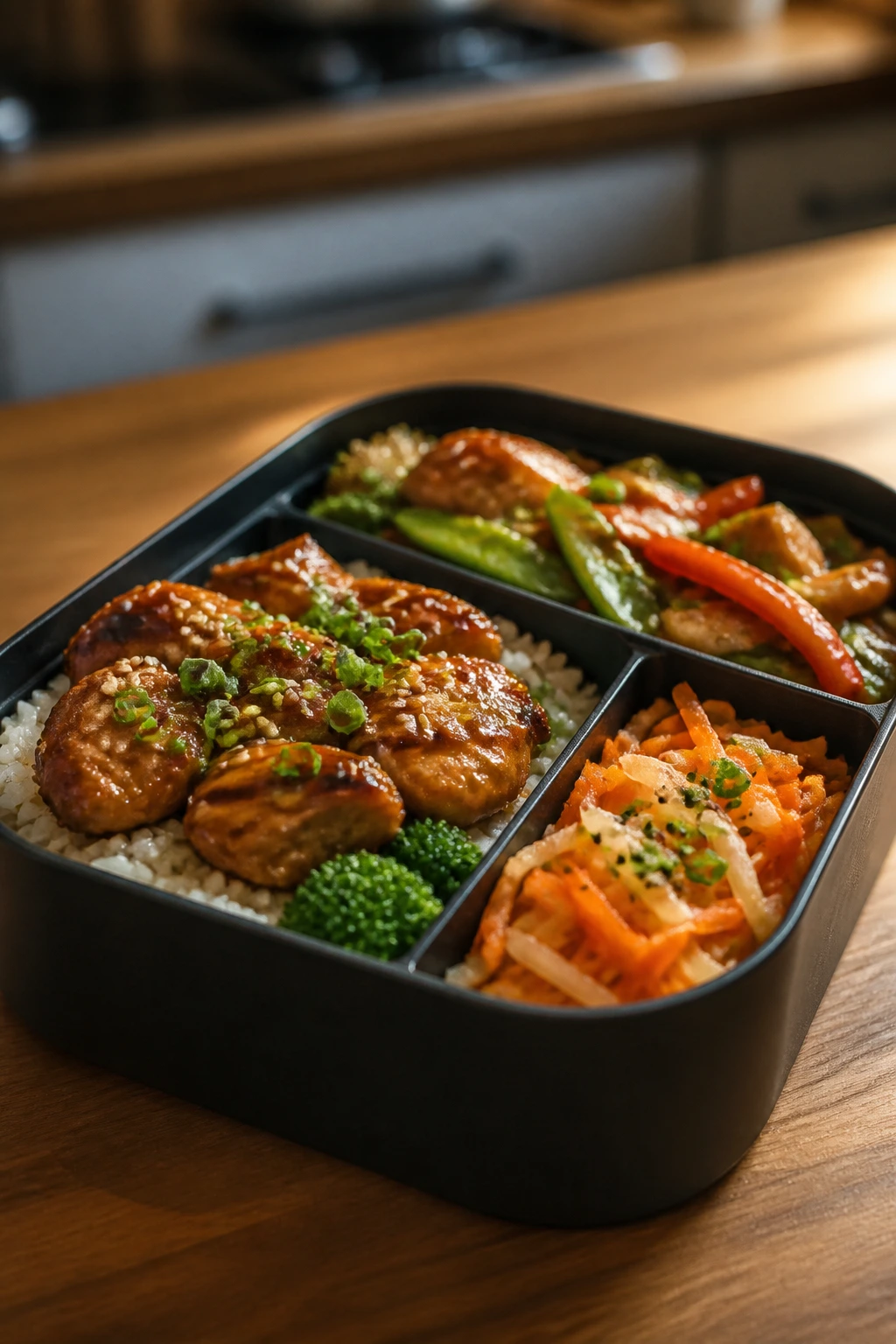 Bento box with three compartments of meals representing dinner rotation