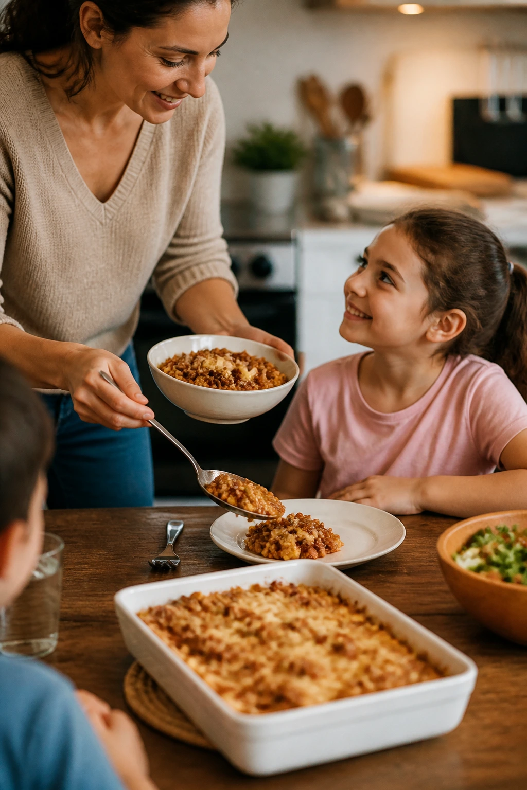 Calm family dinner scene with simple ground beef dish