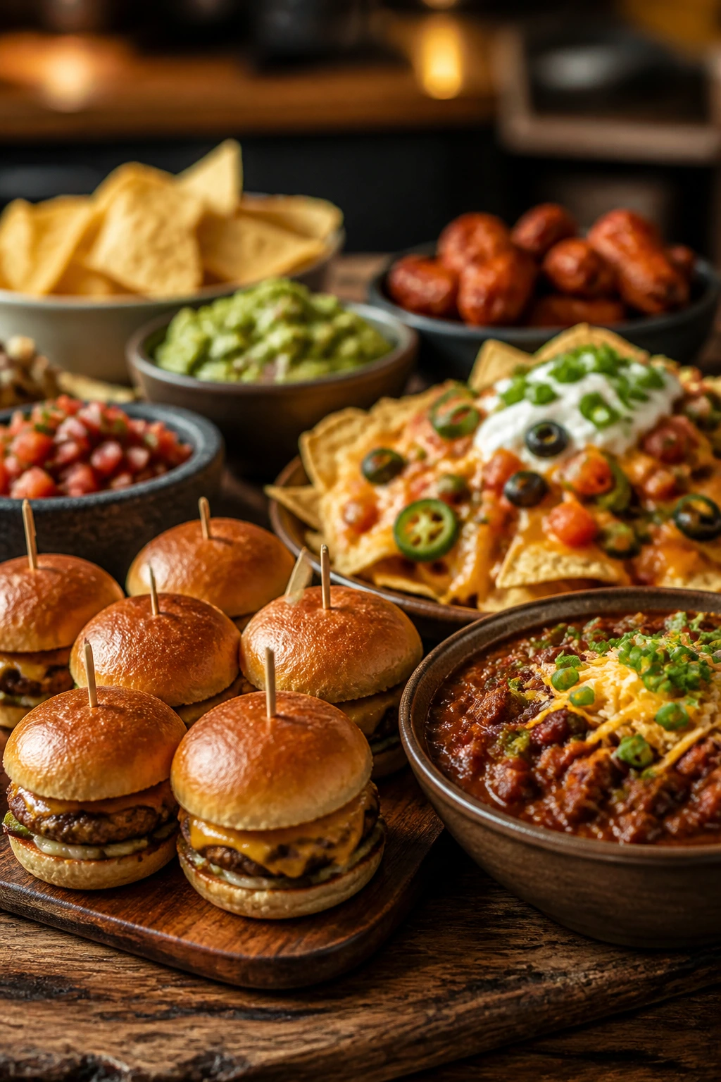 Close-up of a crowd-friendly dinner spread on a rustic table featuring sliders, bowls, and nachos