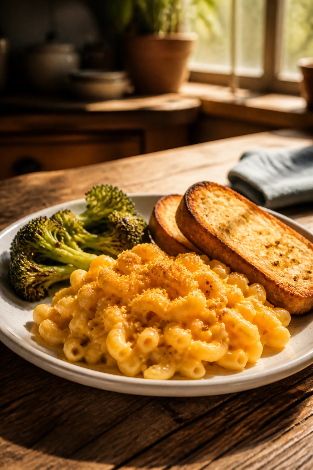 Close-up of a comforting vegan dinner plate on a wooden table