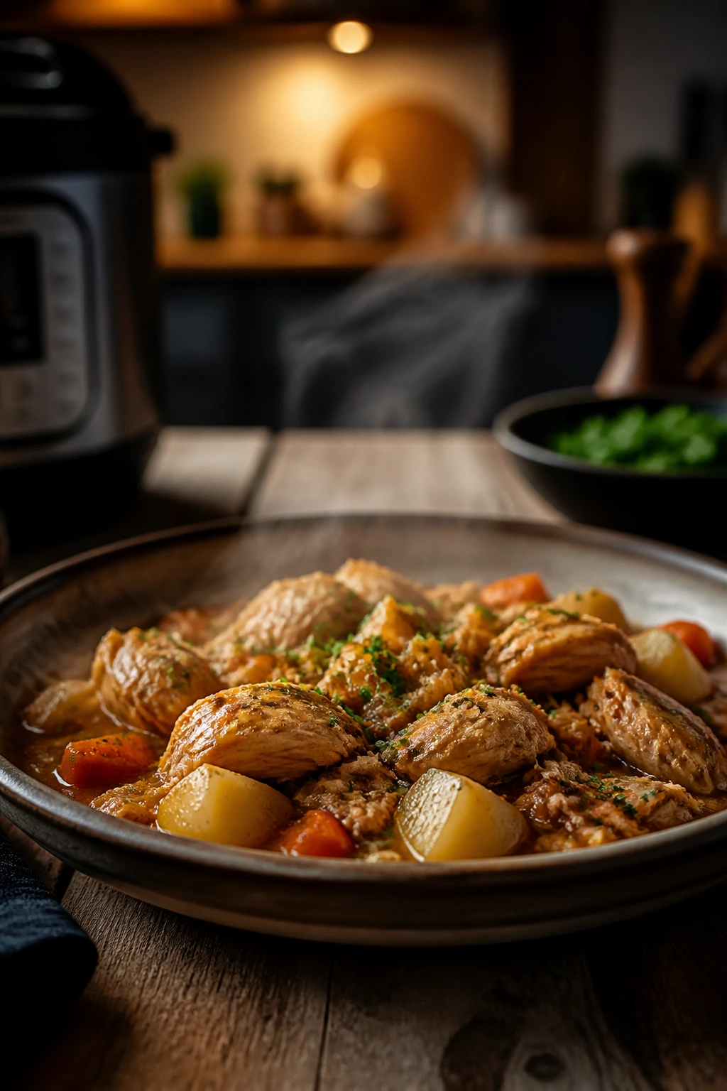 Plated steaming dinner on a rustic wooden table in a warm kitchen
