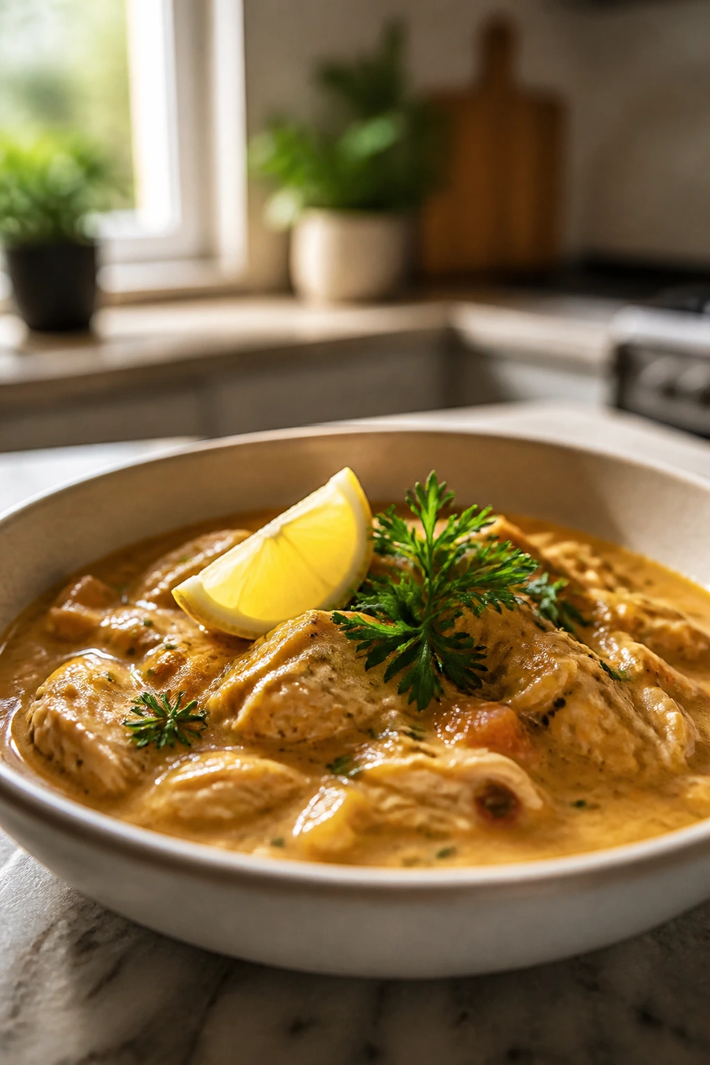 Close-up of a saucy dinner dish in a shallow bowl with lemon and herbs on a warm kitchen counter