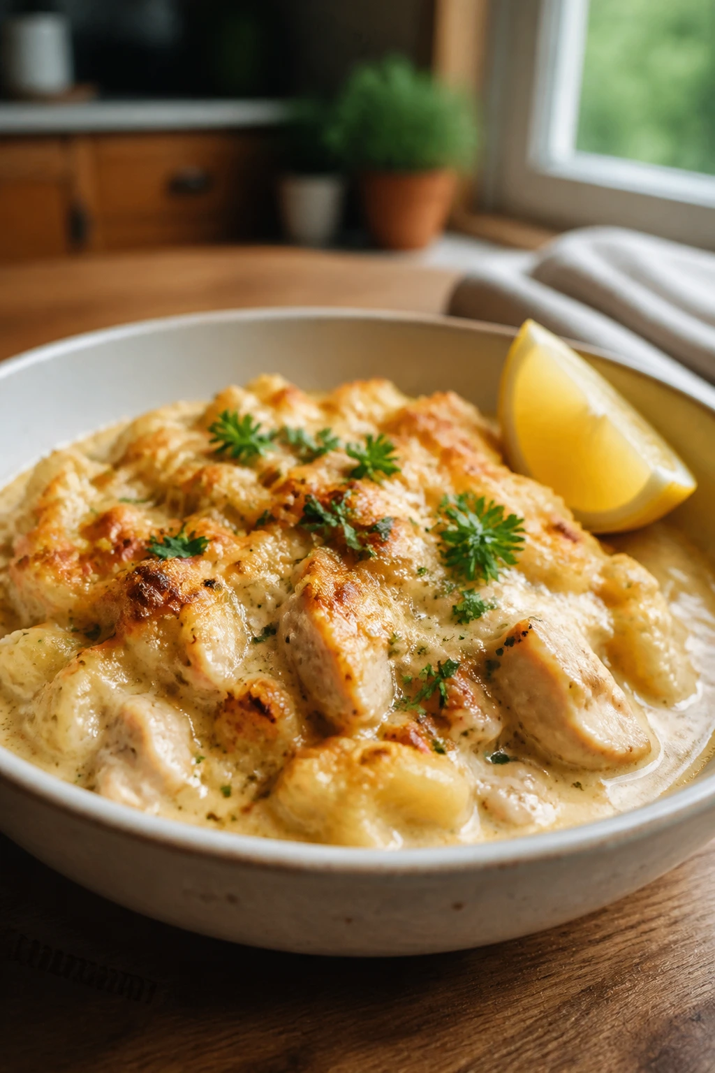 Close-up of a plated creamy baked casserole with sauce at the edges and herbs in a home kitchen