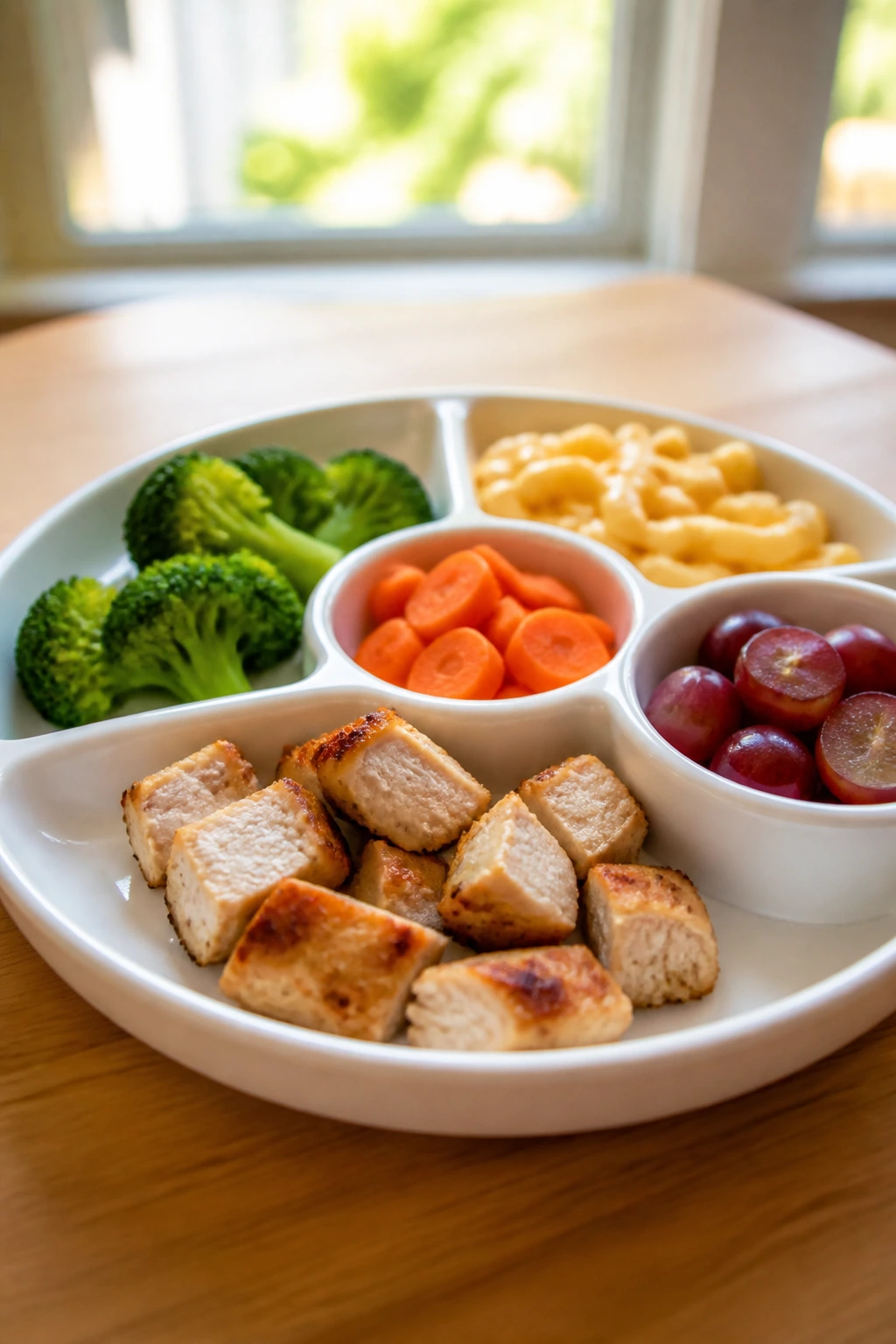 Divided plate with separate portions on a kitchen table, no text.