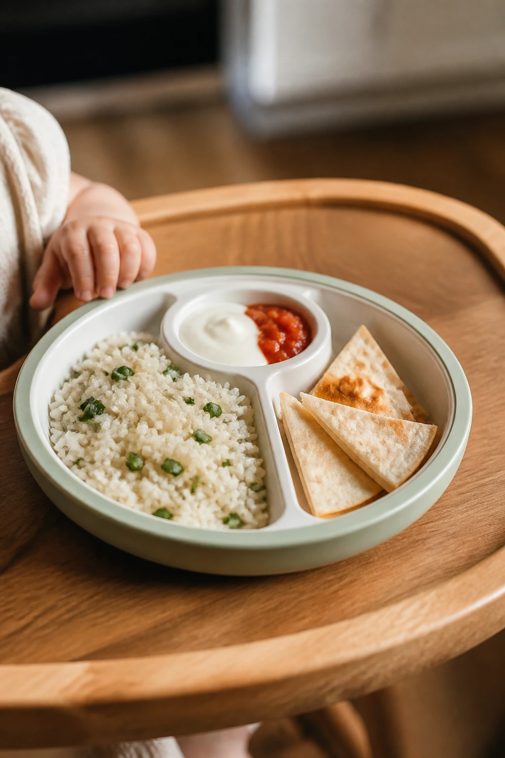 Divided plate with rice and tortilla wedges on wooden table