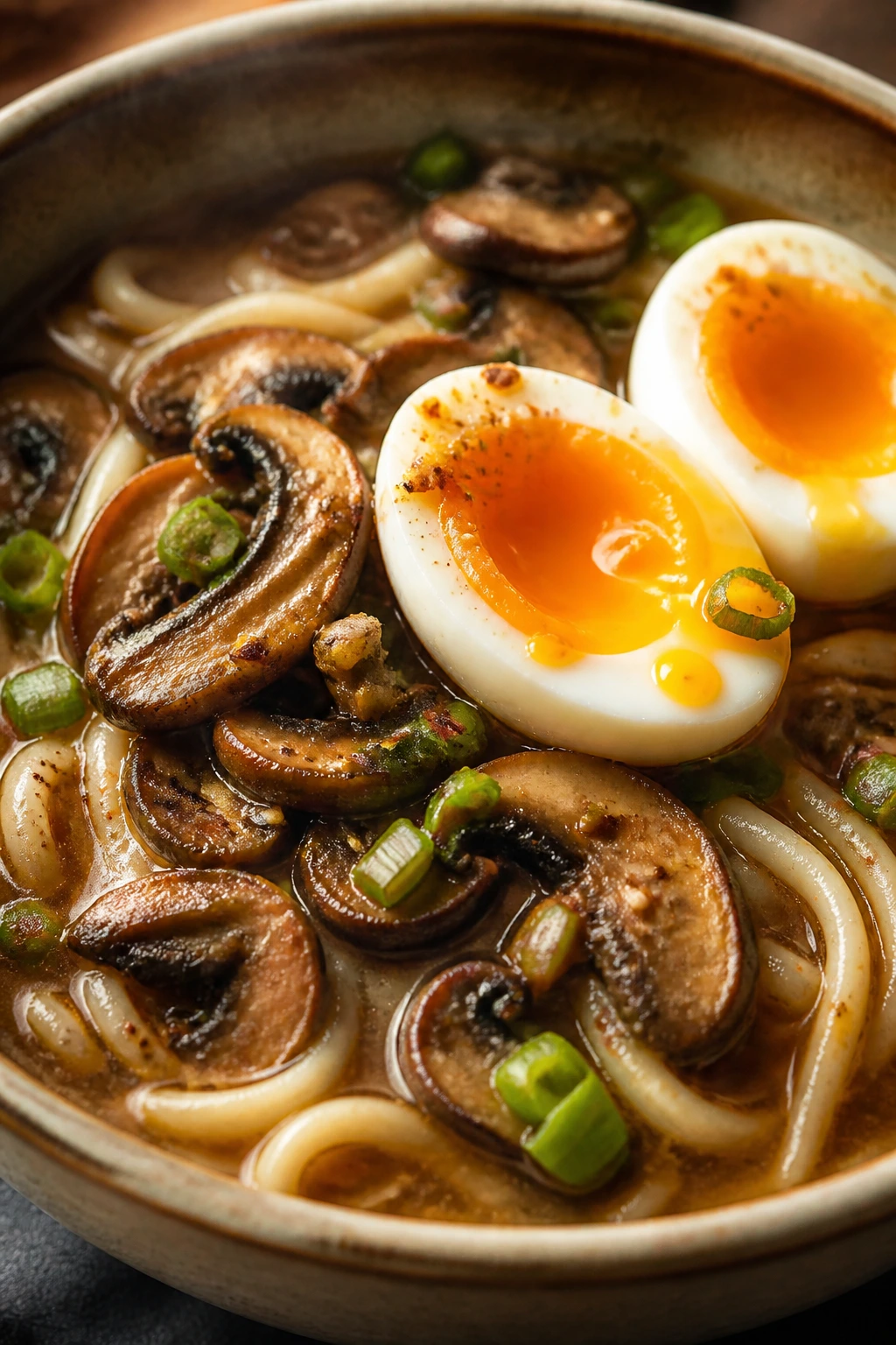 Close-up of doenjang mushroom udon with soft egg