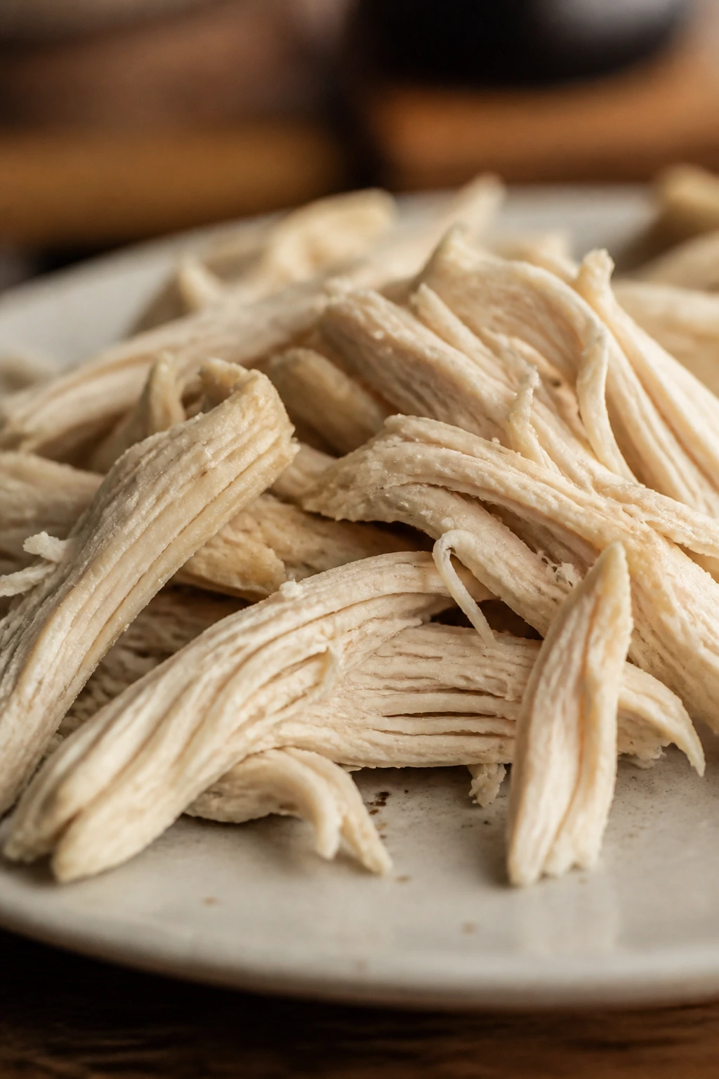 Dry, overcooked-looking shredded chicken on a plate.