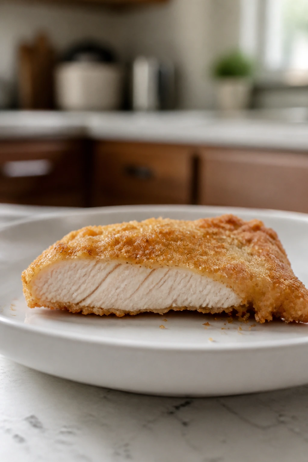 Close-up of a dry chicken tender on a plain plate, illustrating a common kid-friendly dinner mistake