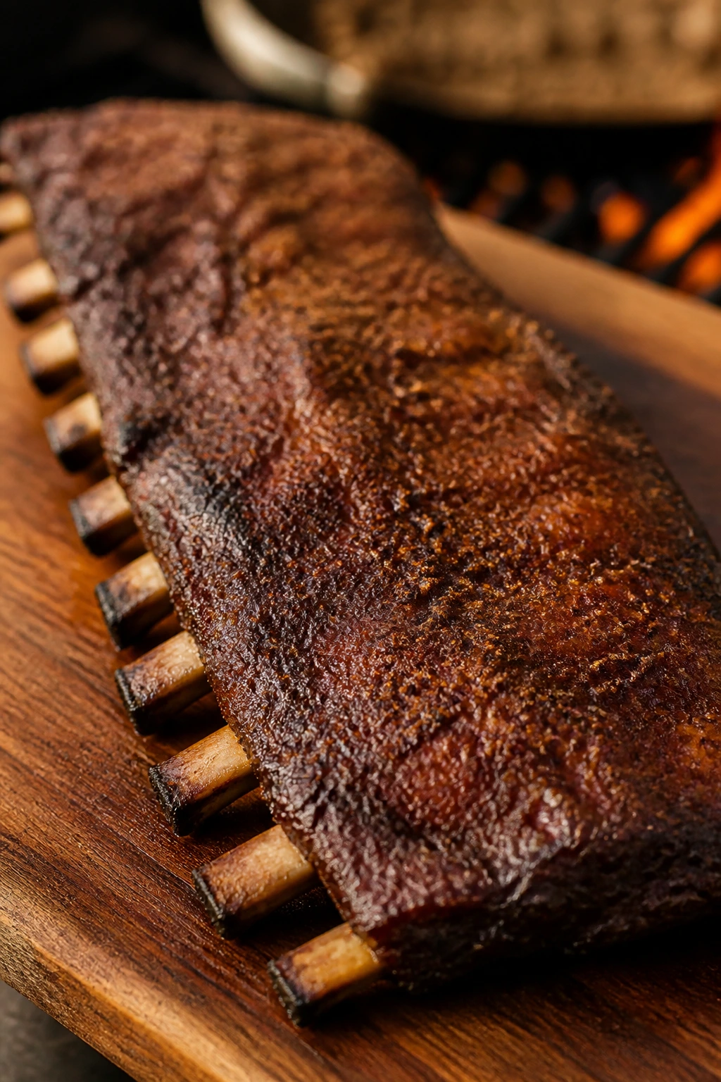 Rack of dry-rubbed baby back ribs with dark crust