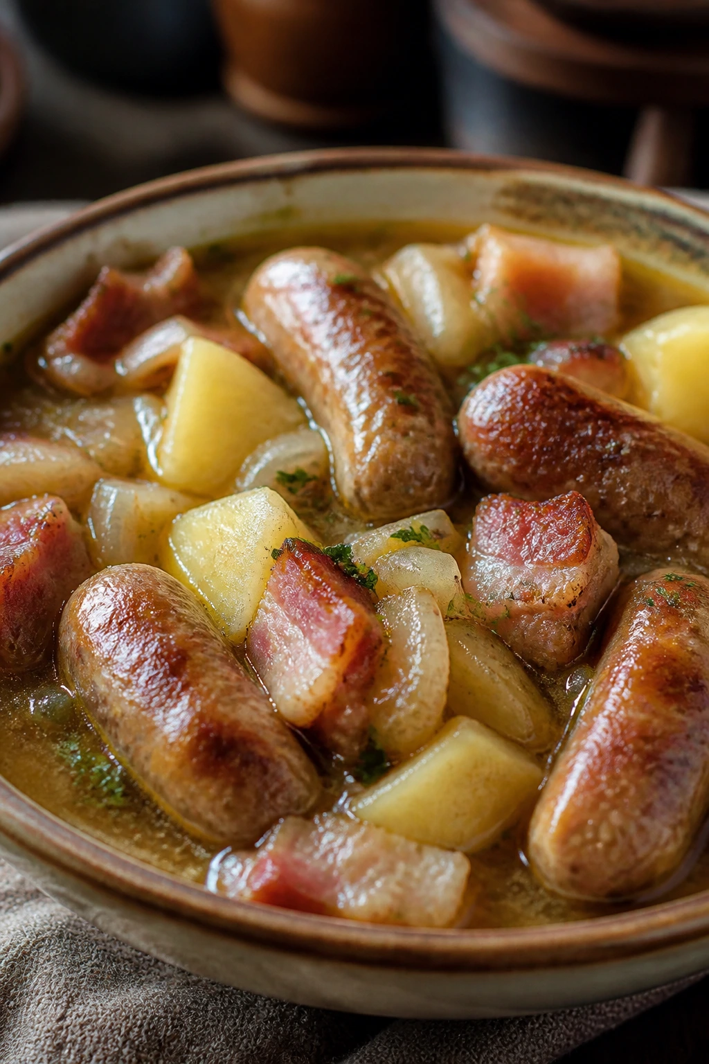 Close-up of Dublin coddle with sausages, bacon, and potatoes
