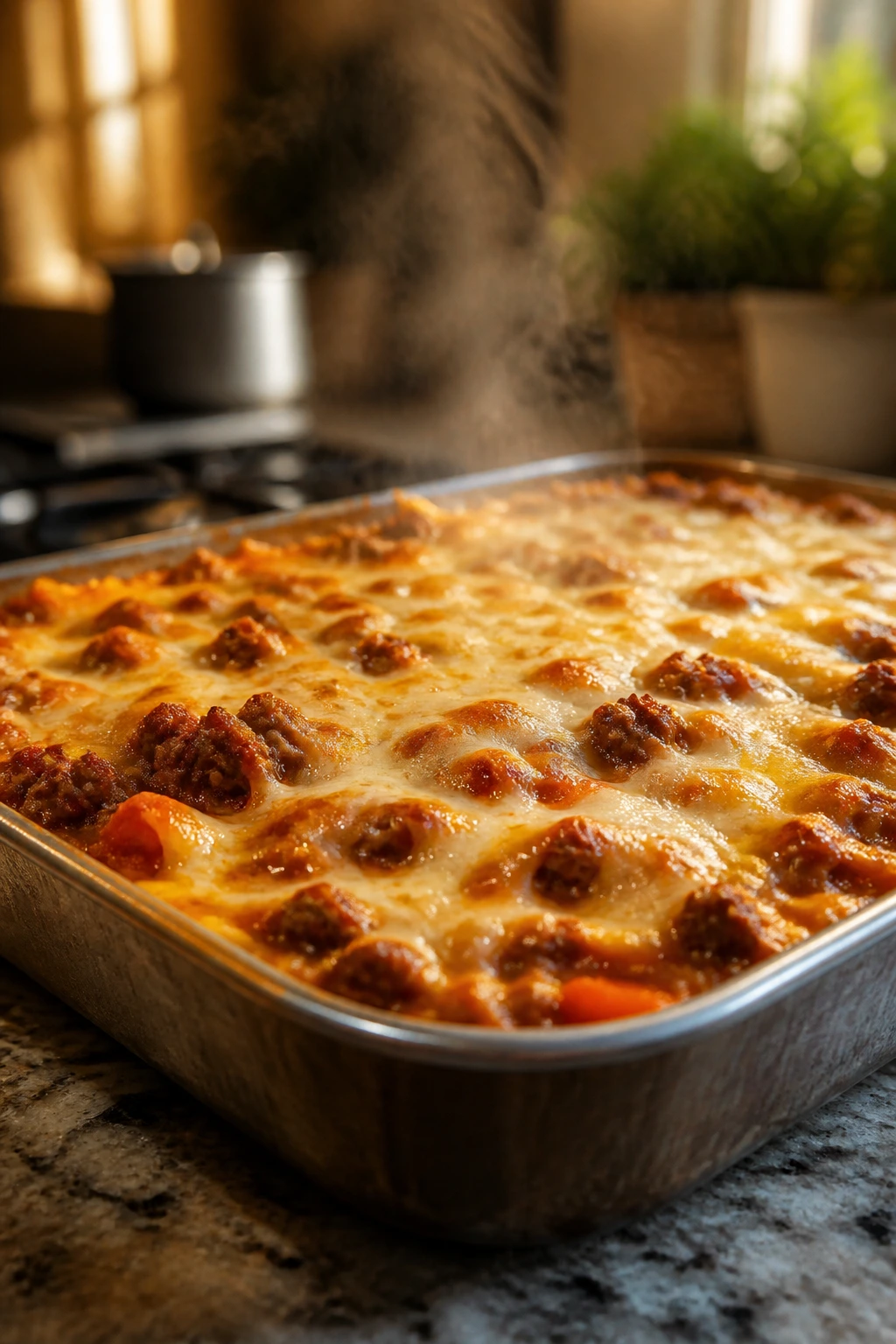 Bubbling casserole in a kitchen illustrating dump-and-bake efficiency
