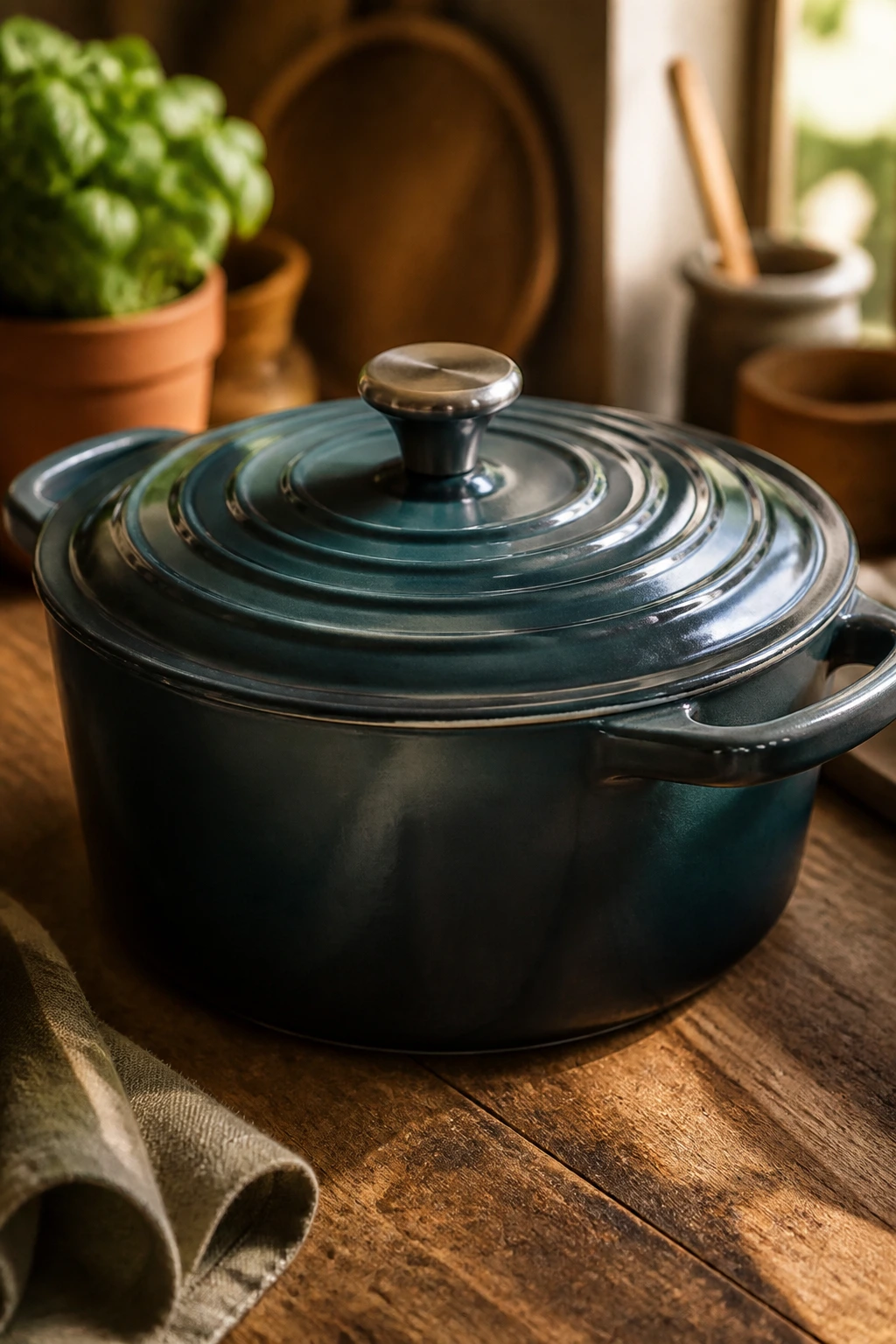 Close-up of a Dutch oven on a rustic wooden counter with warm kitchen light