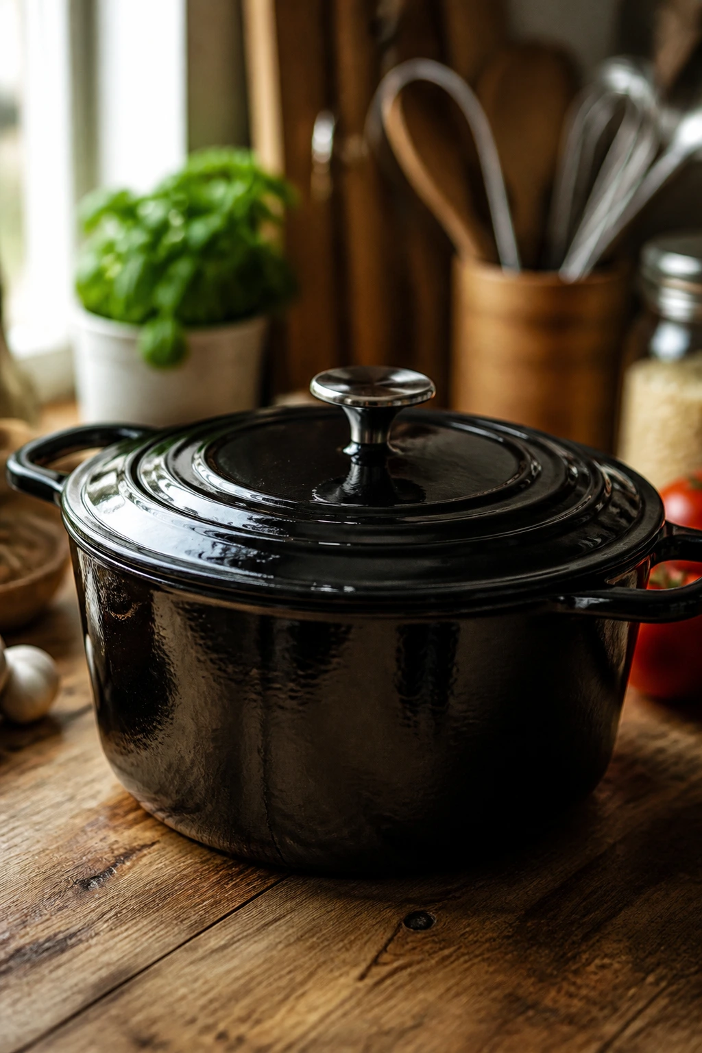 Dutch oven on kitchen counter ready for cooking