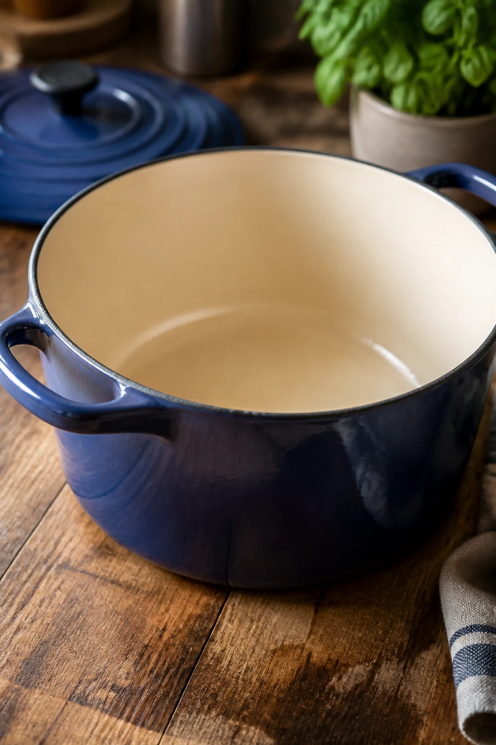 Close-up of a large Dutch oven on a wooden counter
