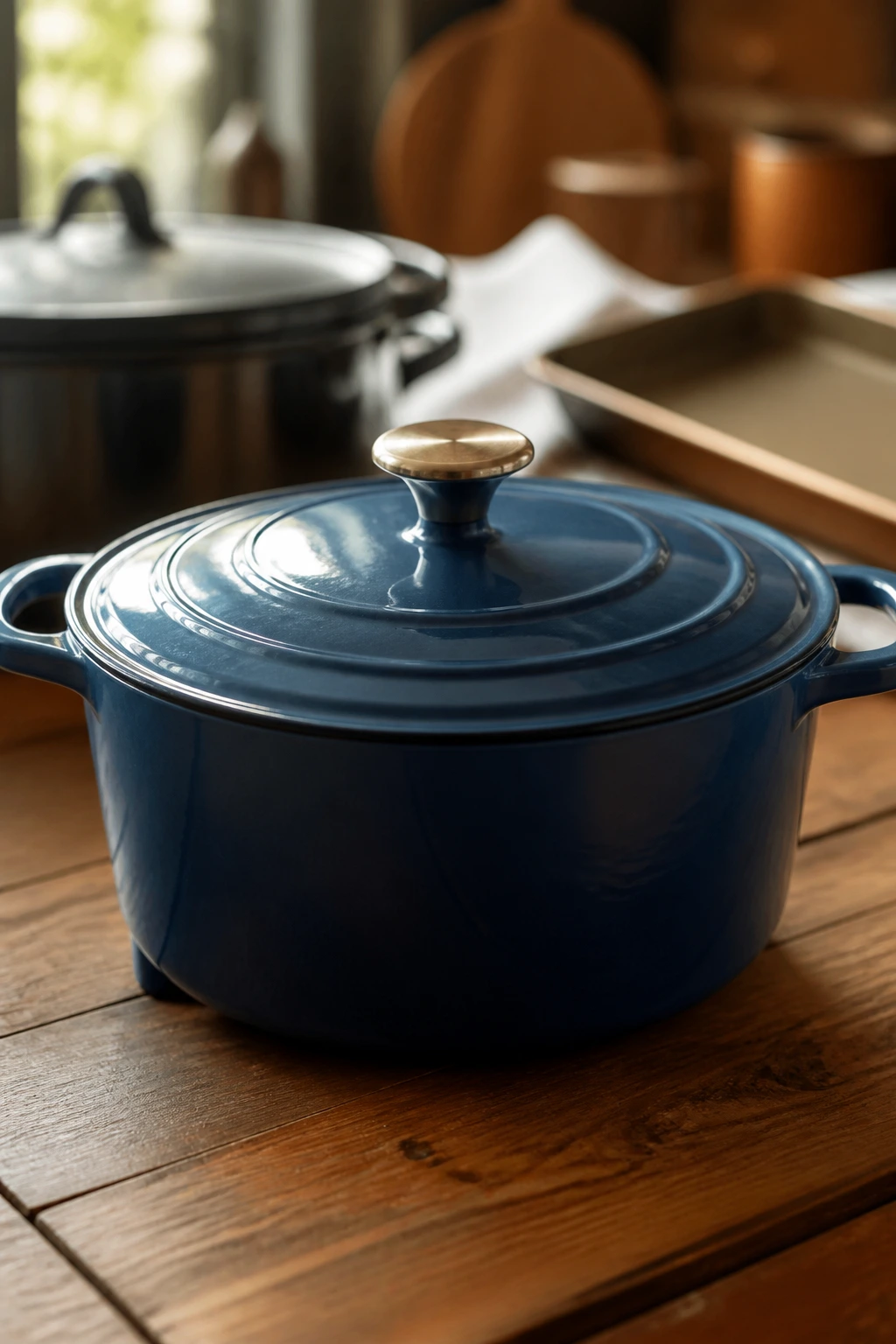 Large Dutch oven on a kitchen counter, essential cookware for meatball dinners