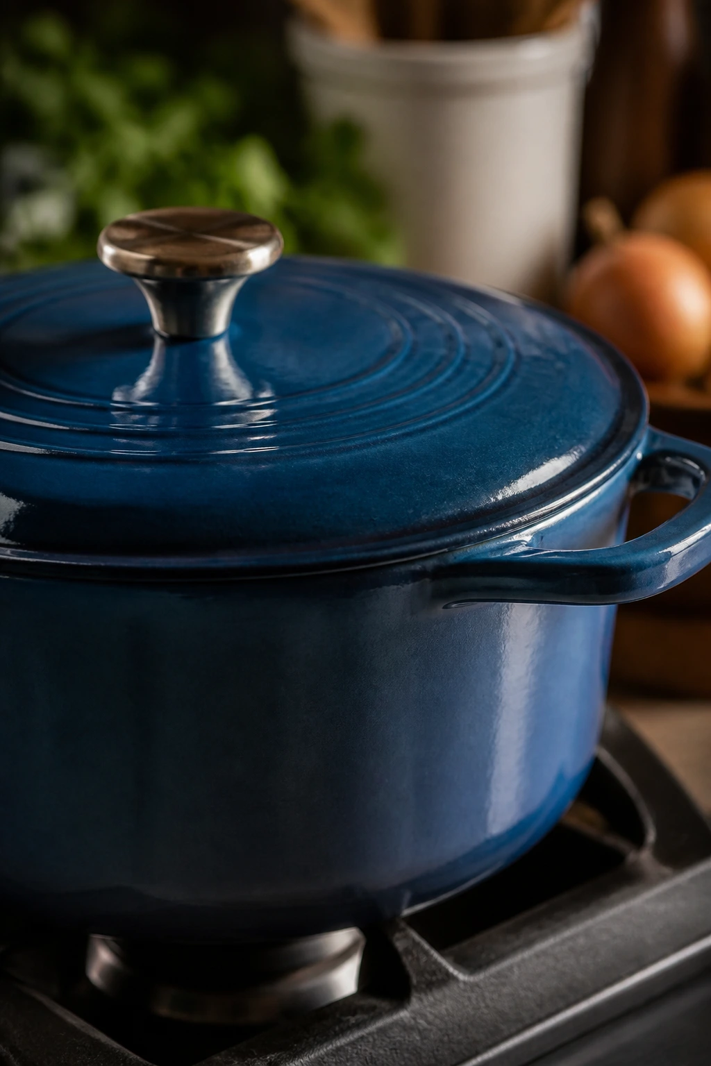 Close-up of a large cast-iron Dutch oven in a warm kitchen