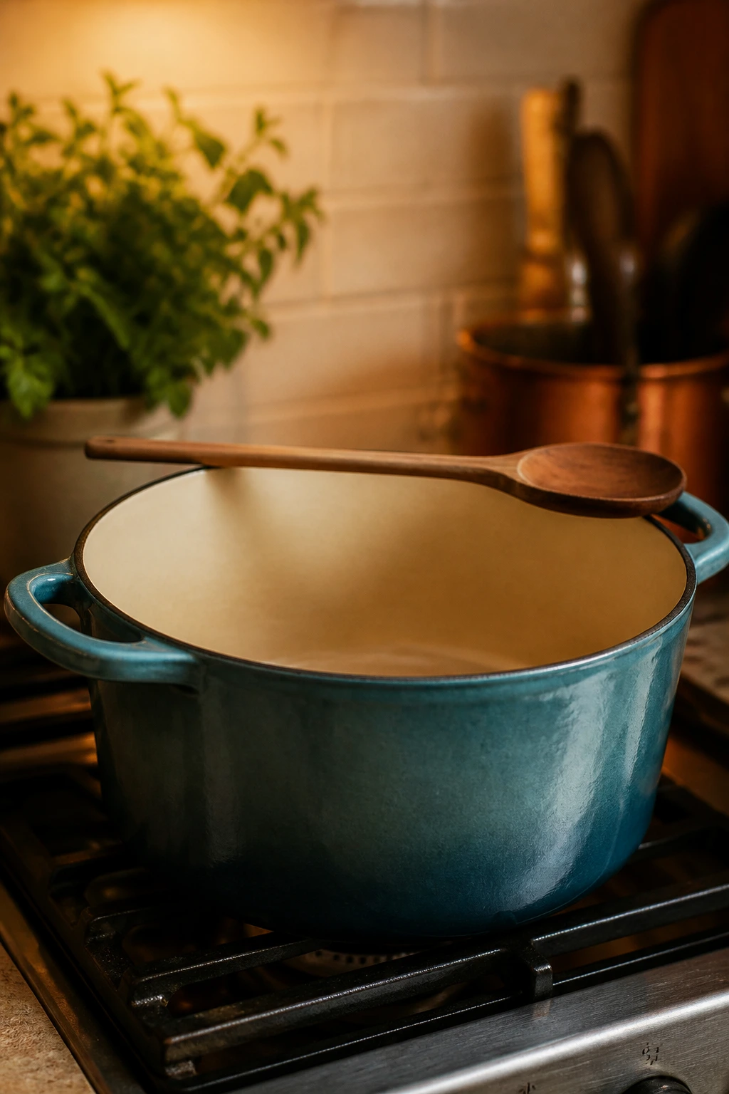 Close-up of a large Dutch oven ready for pasta cooking