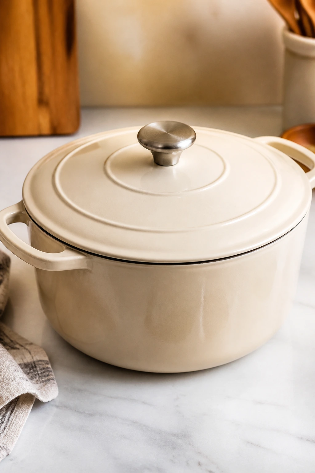Close-up of a Dutch oven on a kitchen counter