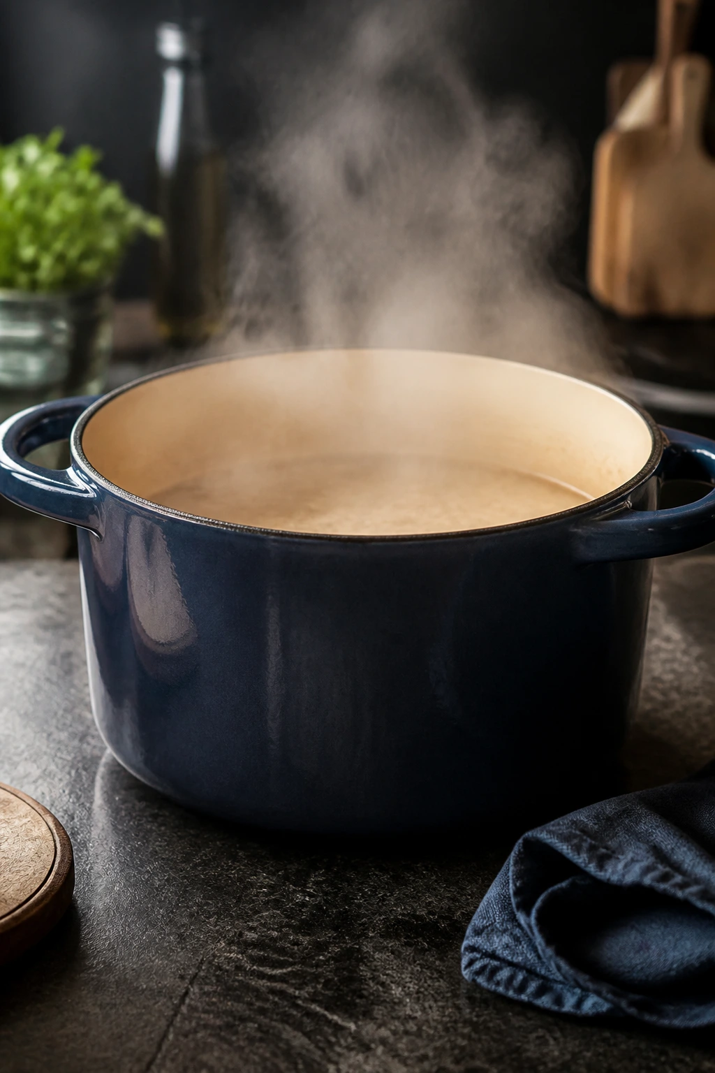 Heavy-bottom Dutch oven on kitchen counter.