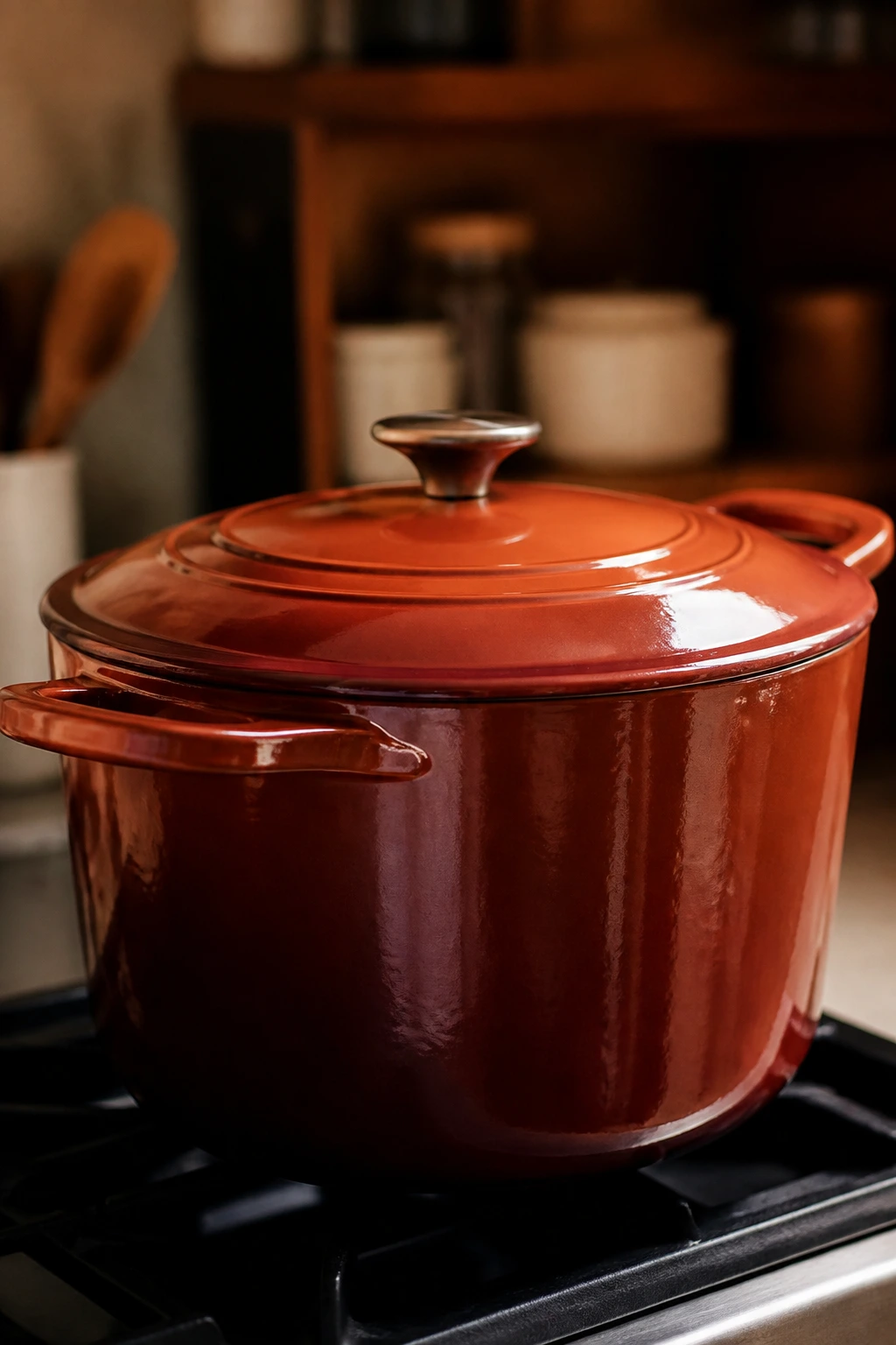Close-up of a 5-6 quart enamel Dutch oven with no branding on a warm kitchen counter