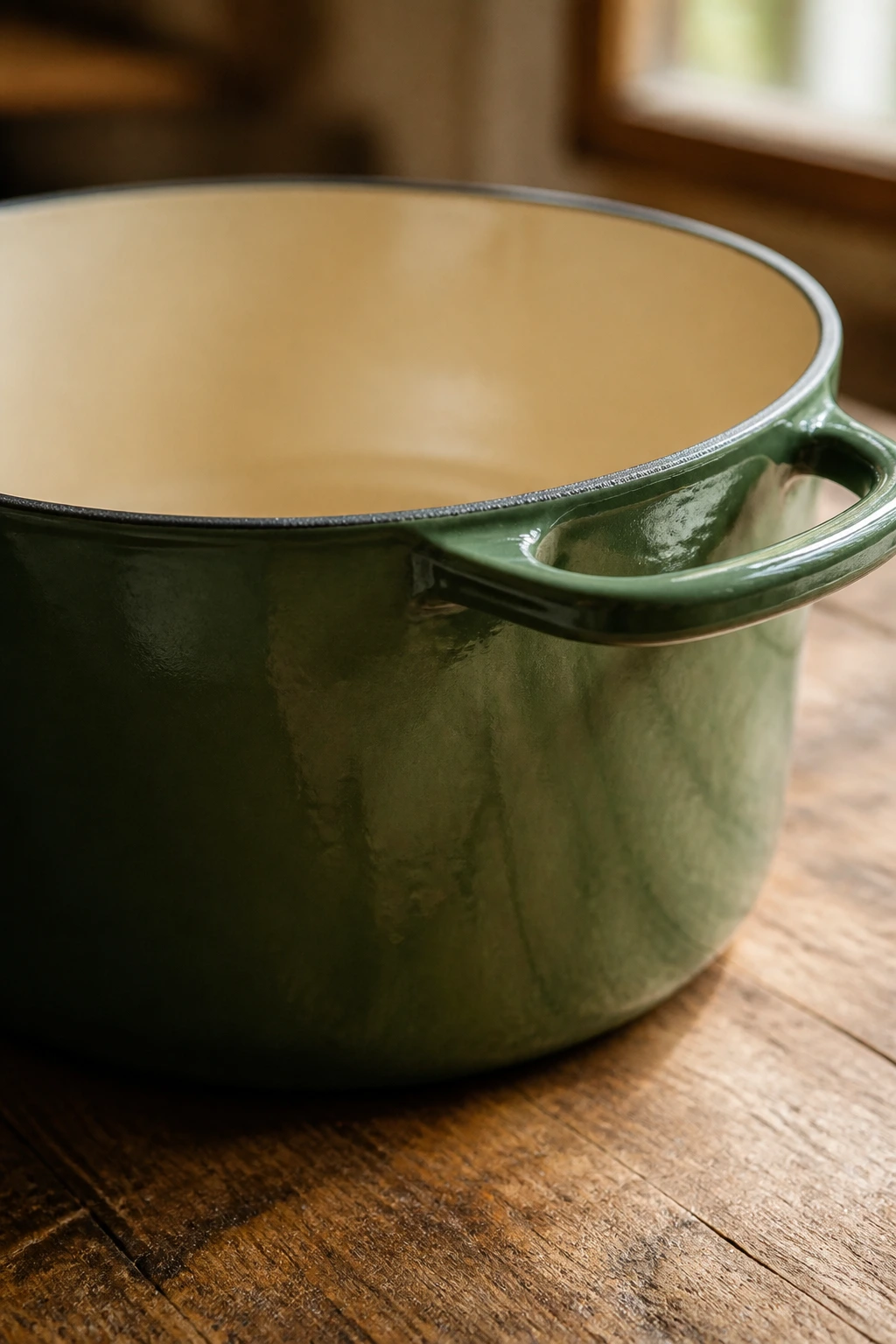Close-up of a large enamel-coated Dutch oven in a warm kitchen