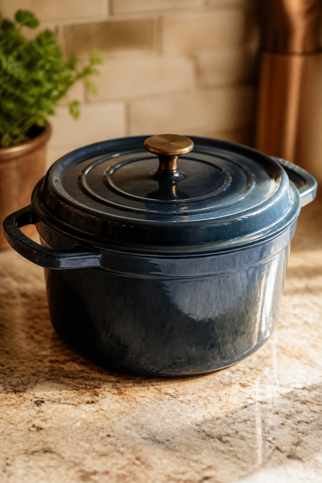 Close-up of a large Dutch oven on a kitchen counter.