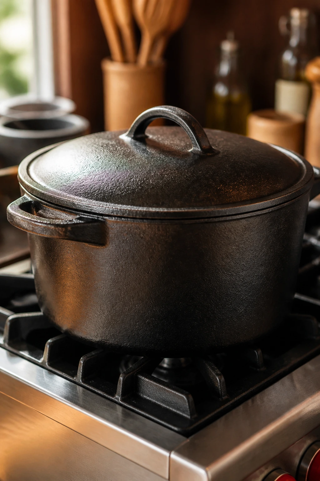 Close-up of a cast-iron Dutch oven on a stove