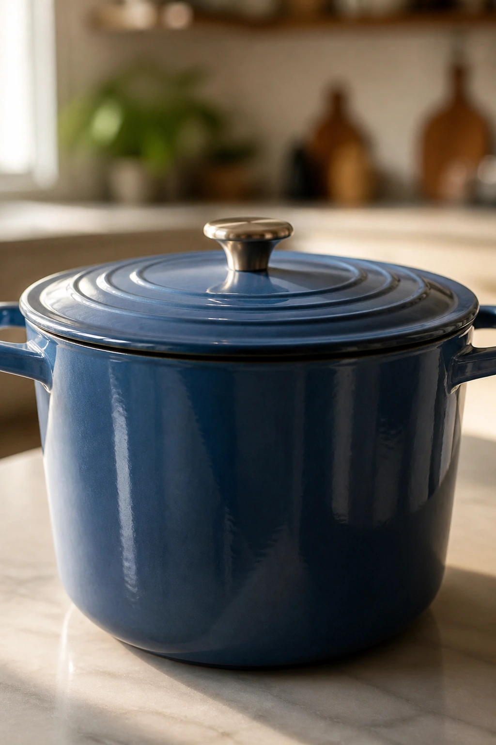 Large Dutch oven on kitchen counter ready for soup making.
