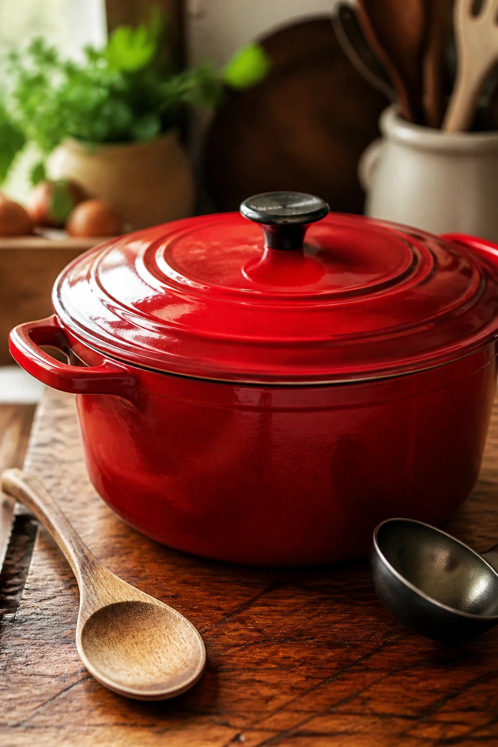 Dutch oven on wooden counter as essential stew equipment