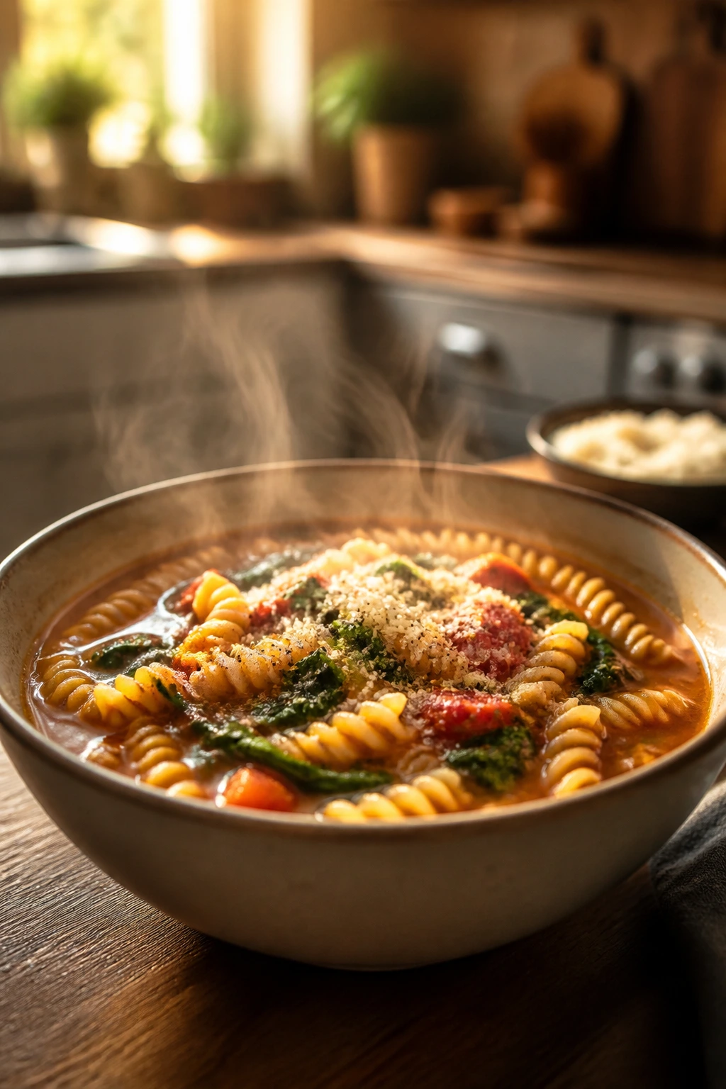 Steaming bowl of simple dinner on a wooden table with warm lighting.