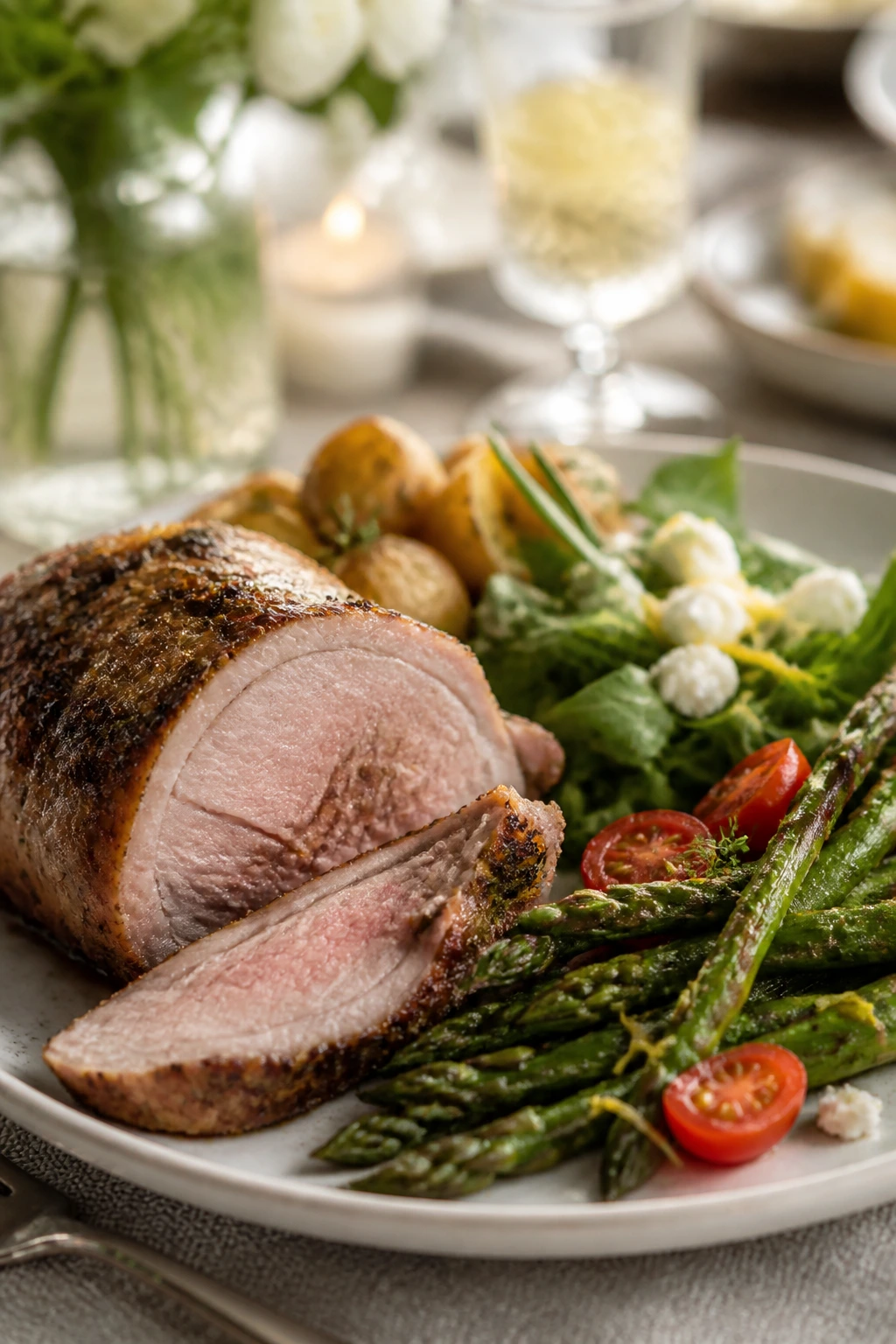 Plate showing balanced Easter dinner with main and sides