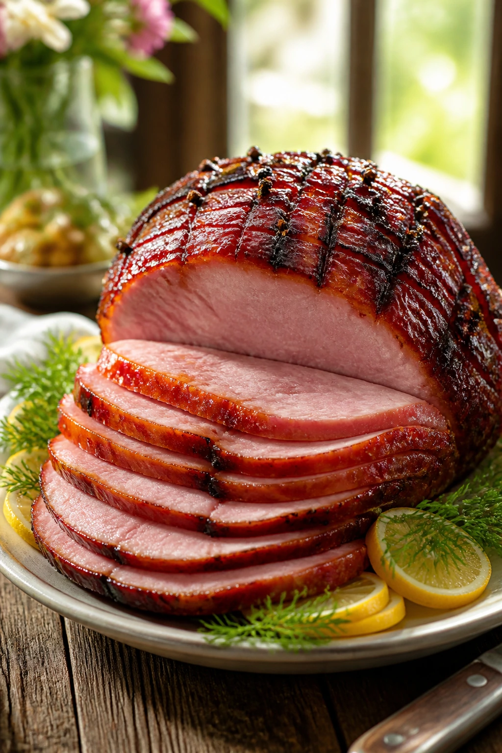 Close-up of a glossy glazed ham centerpiece on a rustic table with spring herbs