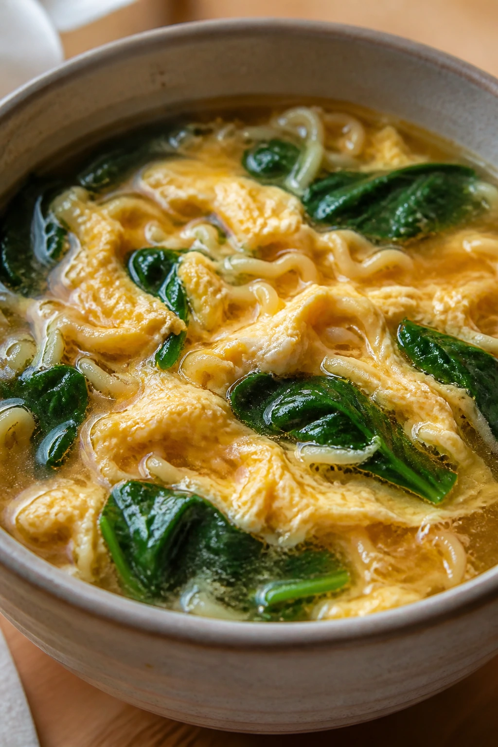 Close-up of egg drop miso ramen with egg ribbons and spinach