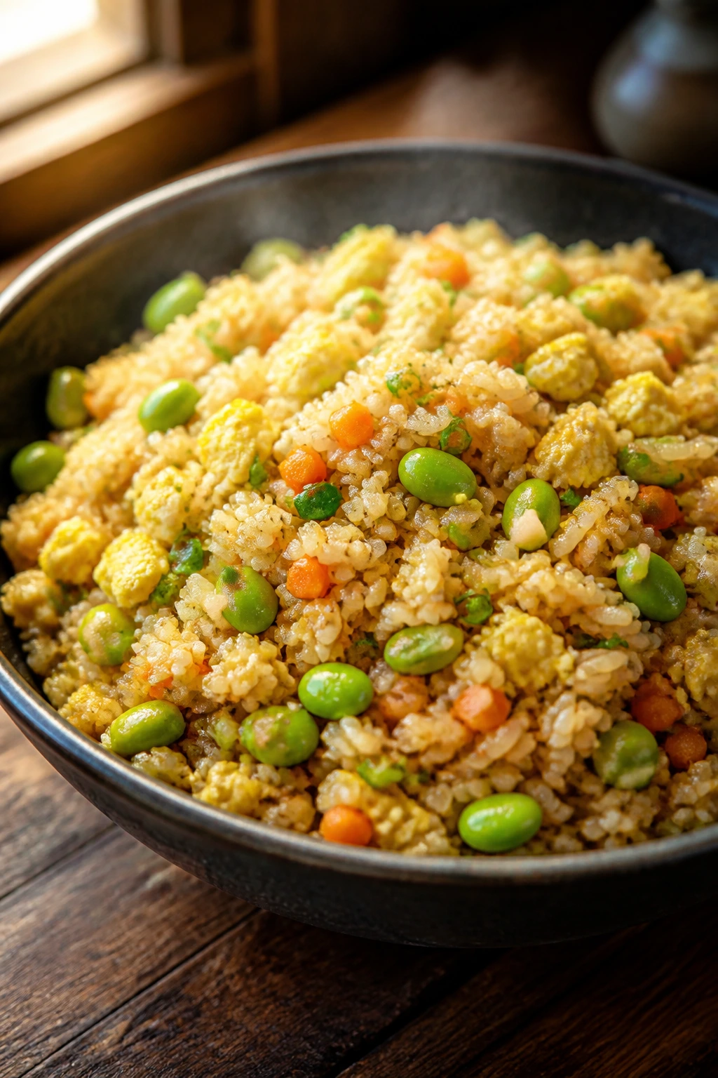 Close-up of egg fried rice with edamame in a bowl on a wooden counter