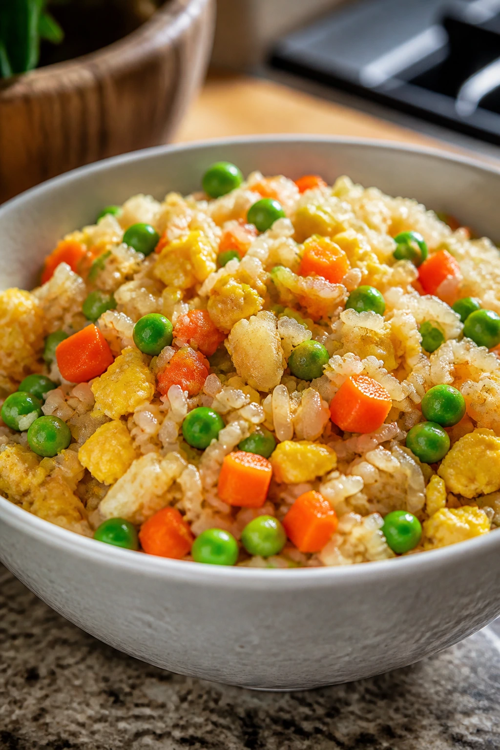 Medium close-up bowl of egg fried rice with peas and carrots