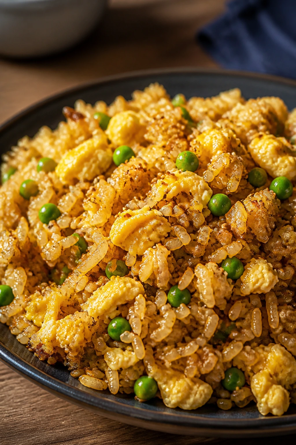 Close-up of egg fried rice with sesame on a wooden table