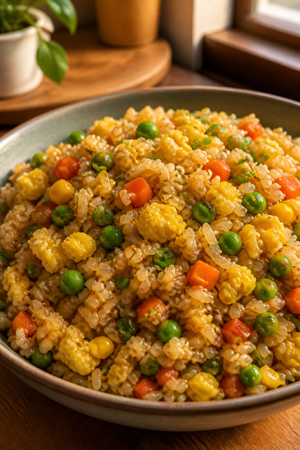 Close-up of Egg Fried Rice with Frozen Vegetables in a bowl in a cozy kitchen