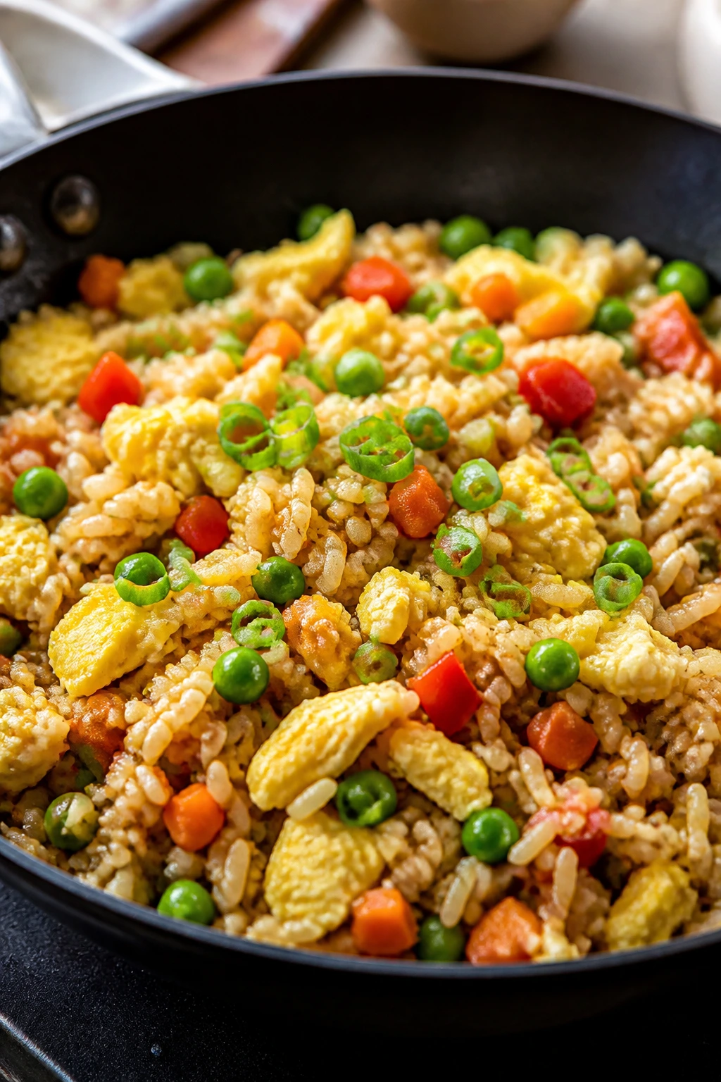 Close-up of egg fried rice with vegetables in a home kitchen