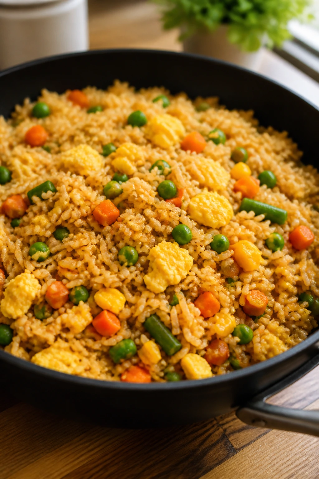 Close-up fried rice with eggs and frozen veggies in a skillet