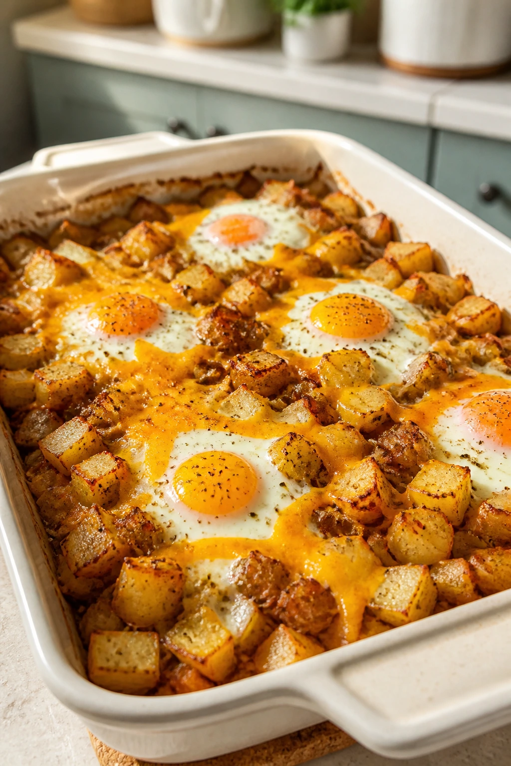 Baked egg and potato hash in a baking dish