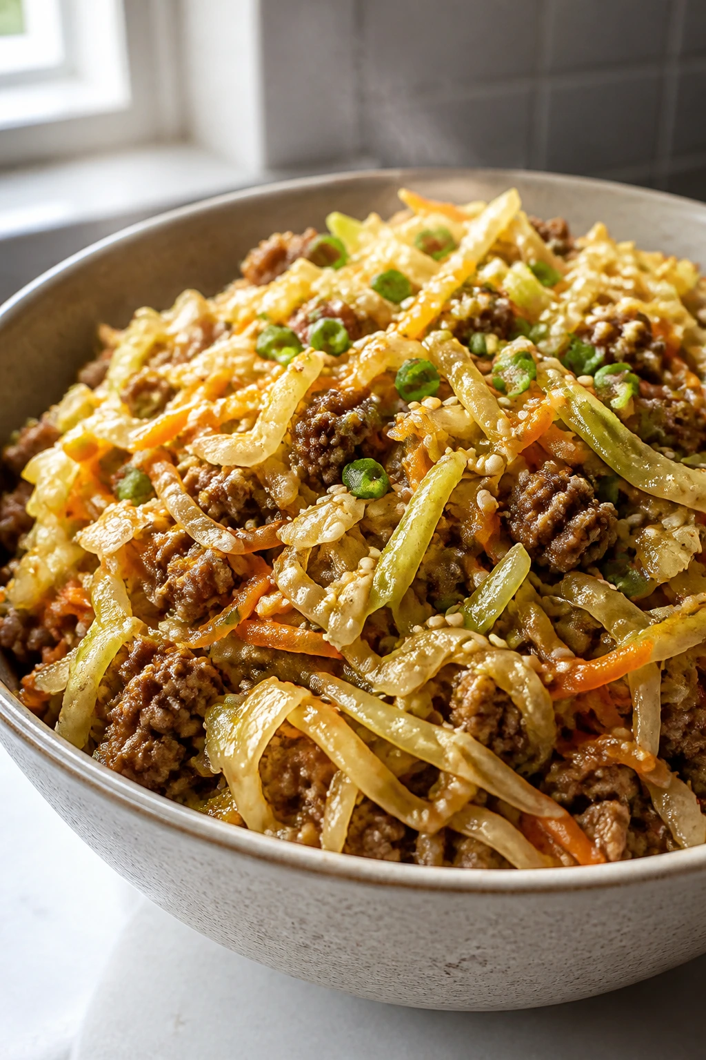 Close-up of egg roll in a bowl with pork and cabbage in a bright kitchen