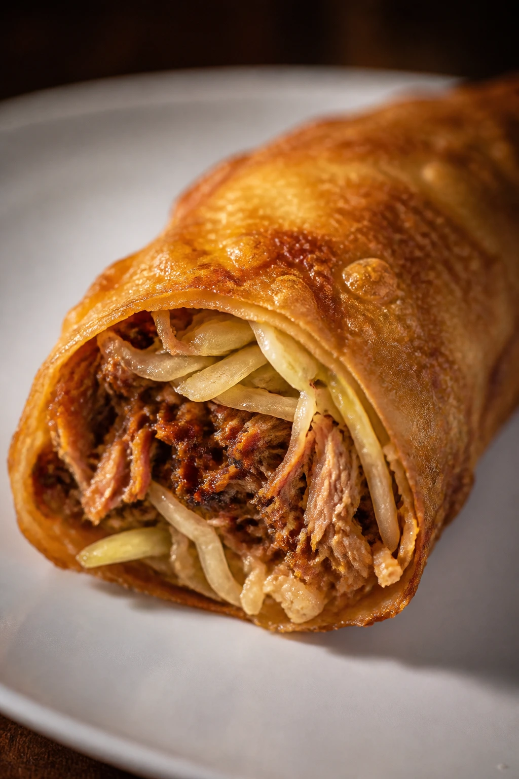 Crispy pulled pork egg roll on plate